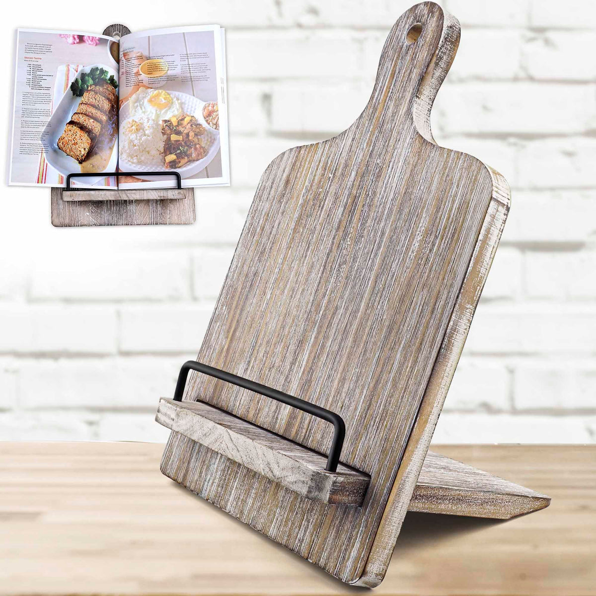 Qiang Ni cookbook stand with wooden base keeps dense recipes secure and readable.