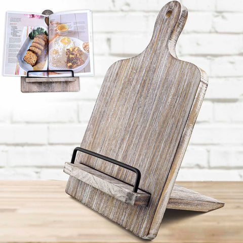 Qiang Ni cookbook stand with wooden base keeps dense recipes secure and readable.