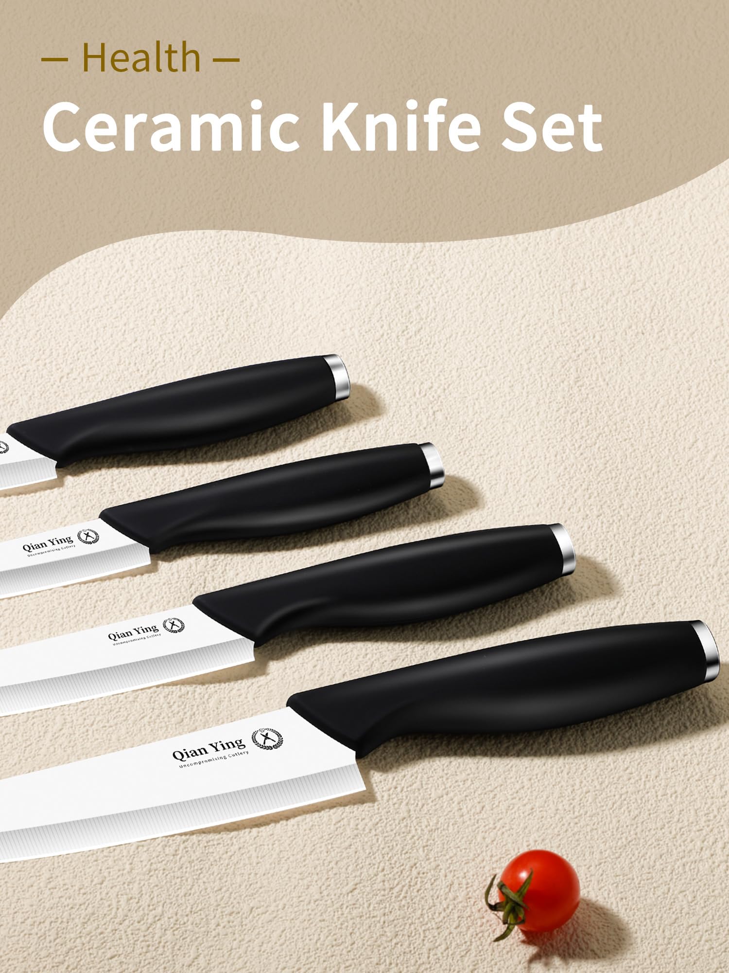 Qianying ceramic knife set sheaths protect blades and fingers during storage.