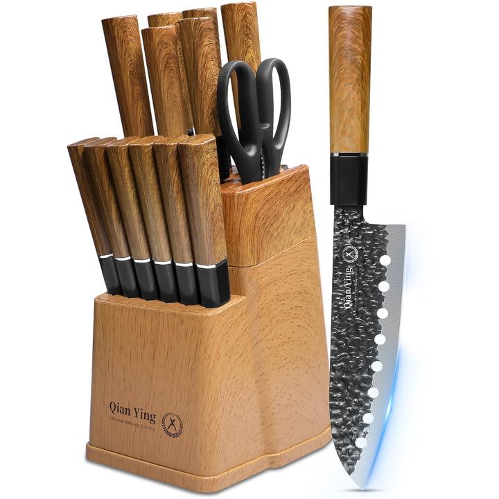 Qianying knife block set in black with 15 pieces for complete kitchen prep