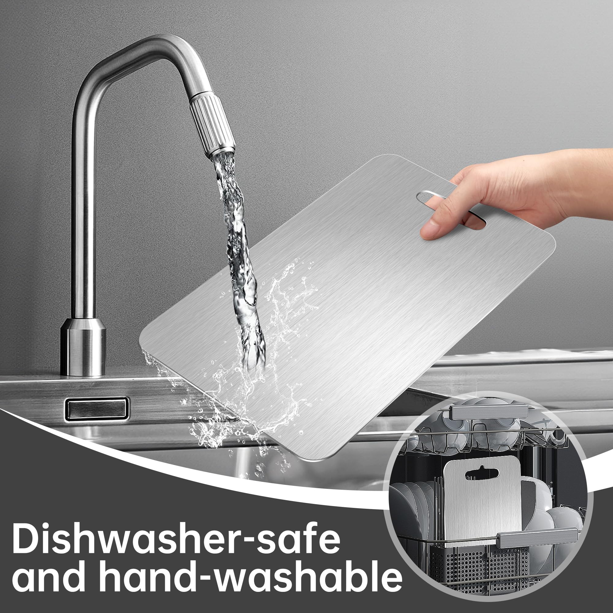 Qianying titanium cutting board shown as dishwasher-safe and easy to clean.