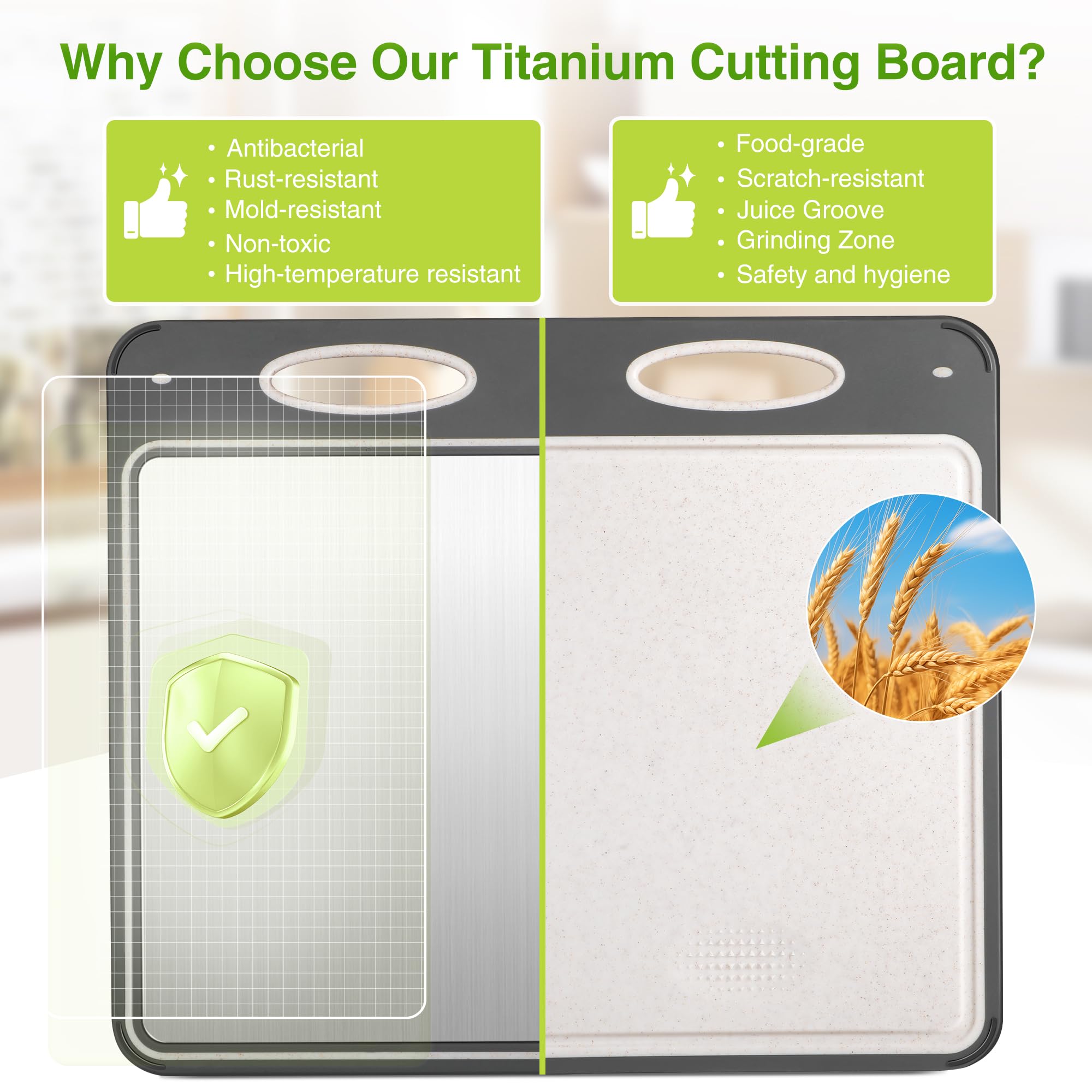 Qianying cutting board with PP wheat-straw side for vegetables and fruits, safe chopping.
