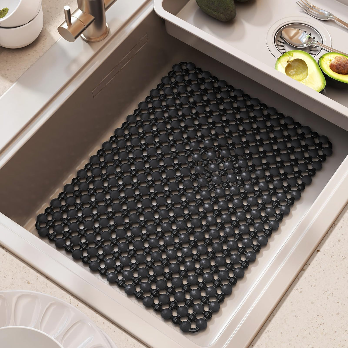 QiCaiJia kitchen sink mat bottom protector cushions dishes and protects the sink.