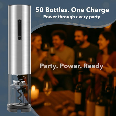 QIKPCK electric wine opener shows 50 corks per charge for long evenings.