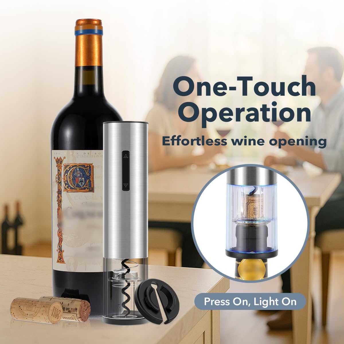 QIKPCK electric wine opener lifts corks smoothly, reducing mess during service.