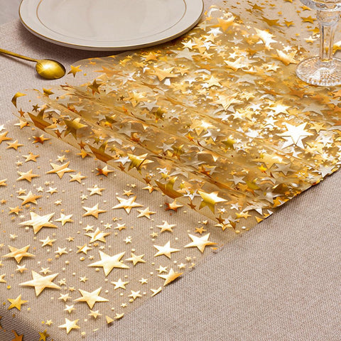 QILANJO gold bling star table runner — three-roll set for festive table décor.