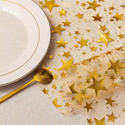 QILANJO indoor dining setup with gold star runner for elegant celebrations.