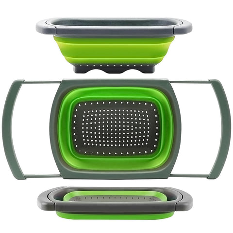 QiMH collapsible colander over sink showing 6-quart capacity for easy draining.