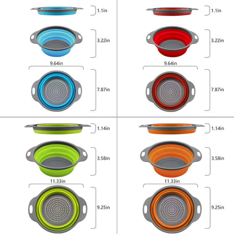 QiMH collapsible colander collapsed, highlighting compact storage in a kitchen drawer