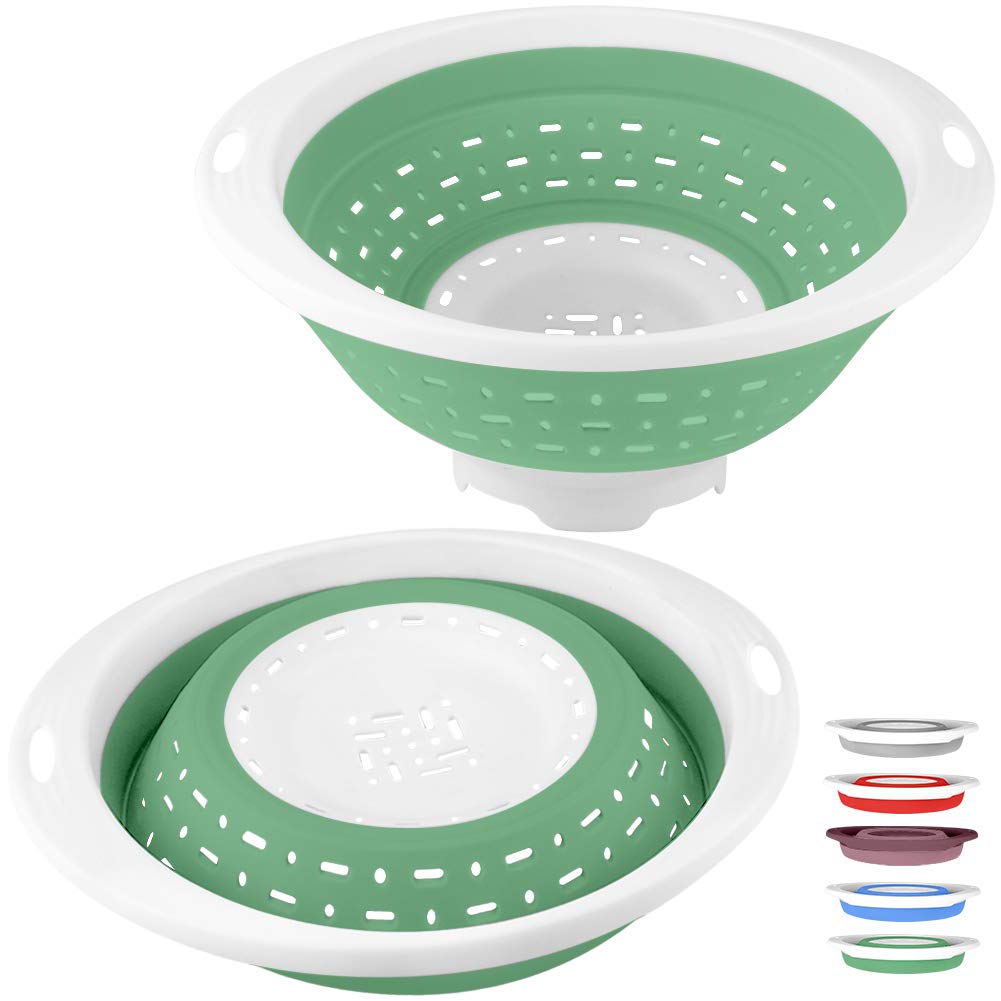 QiMH collapsible colander folded for compact storage, ideal for small kitchens.