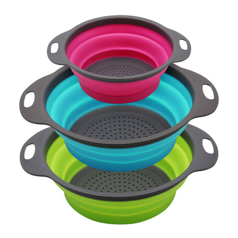 QiMH collapsible green colander folded for space-saving storage.