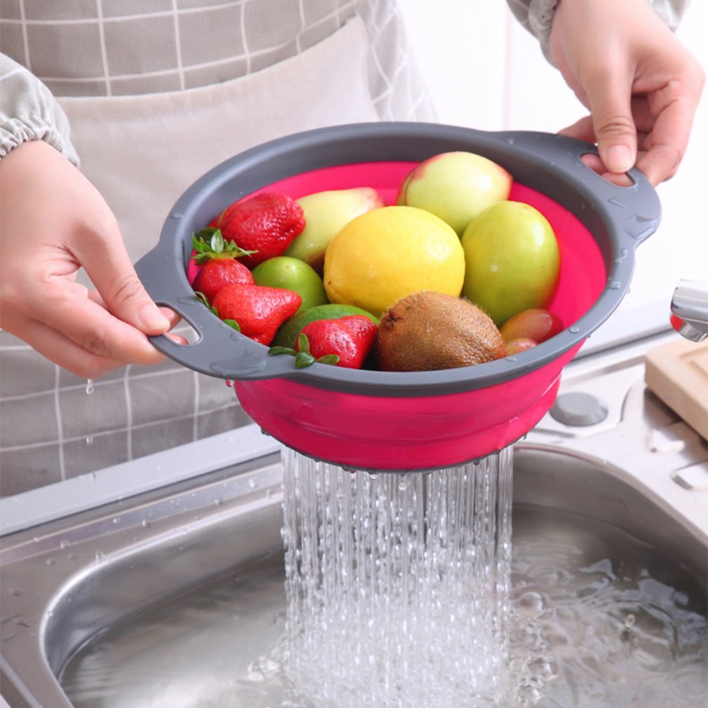 QiMH collapsible purple colander folded to save cabinet space.
