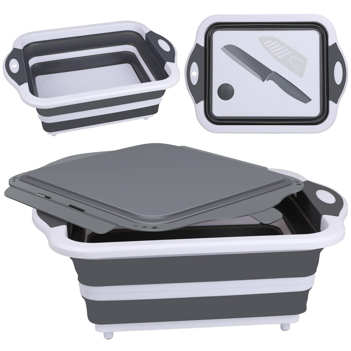 QiMH collapsible picnic basket with lid open showing integrated knife for easy outdoor prep.