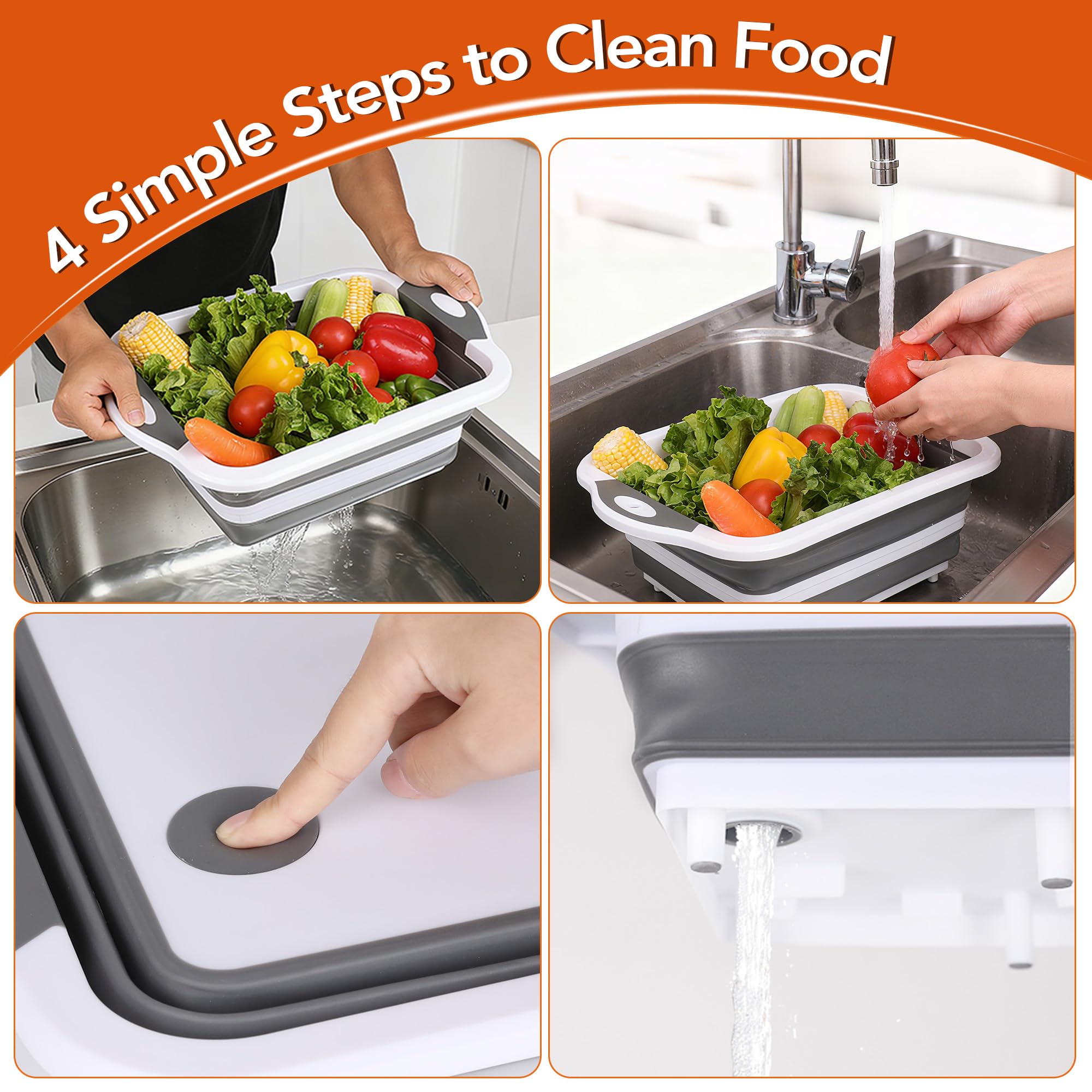 QiMH silicone cutting board and basin in use for washing vegetables.