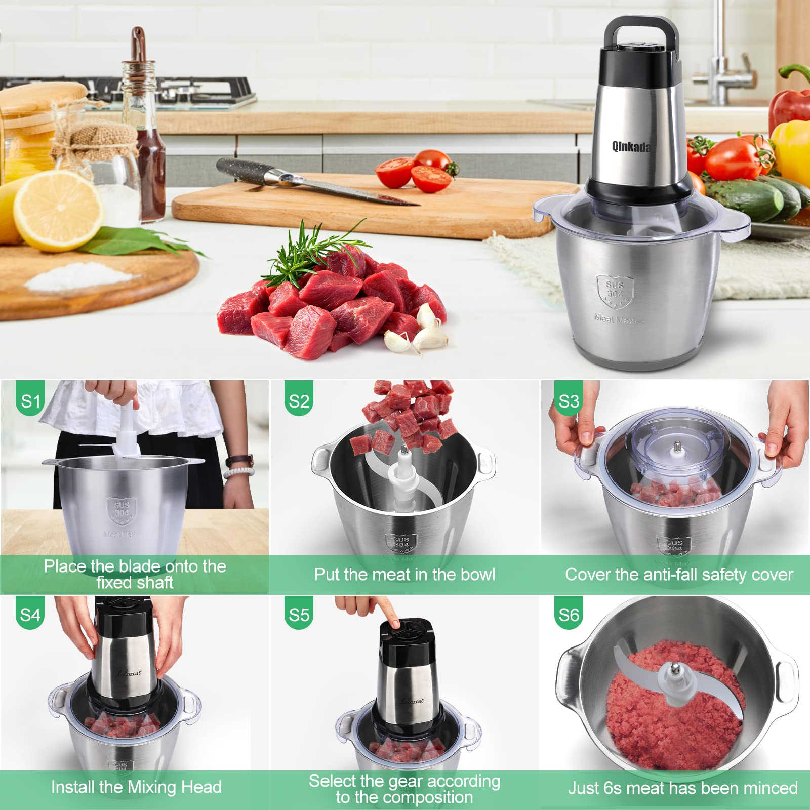 Qinkada Food Processor shows three speed dials for adaptable processing.