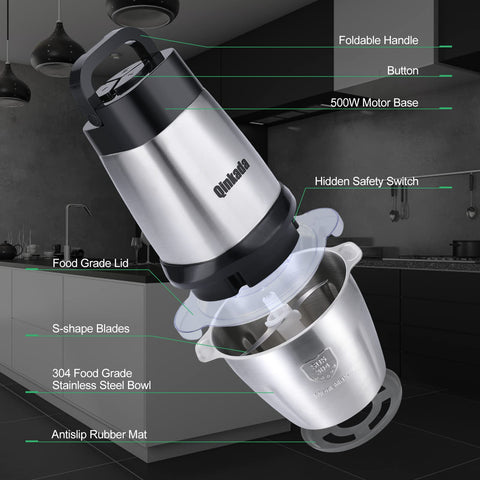 Qinkada Food Processor features four bi-level blades for precise cuts.