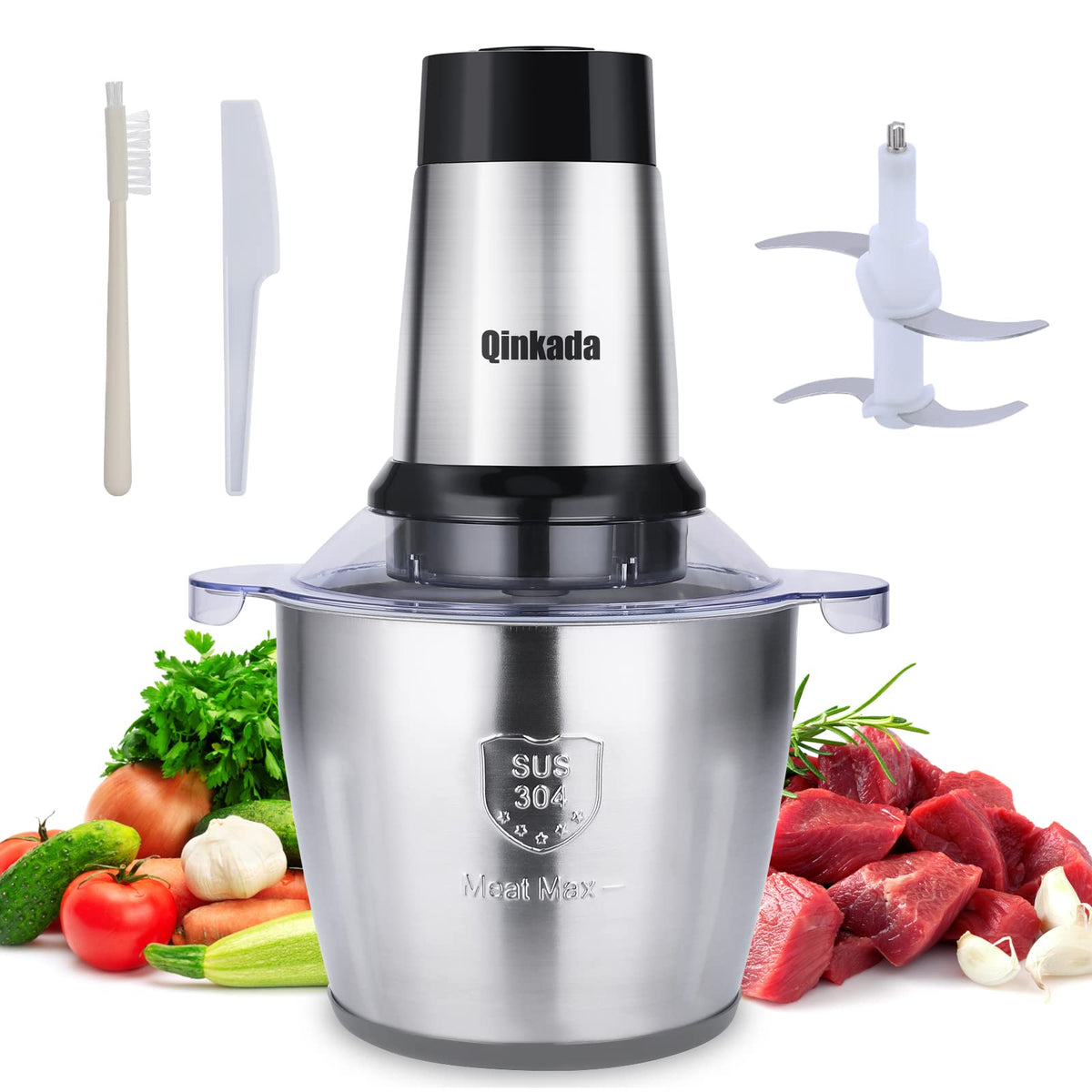 Qinkada Food Processor with a 500W motor powering quick chopping.