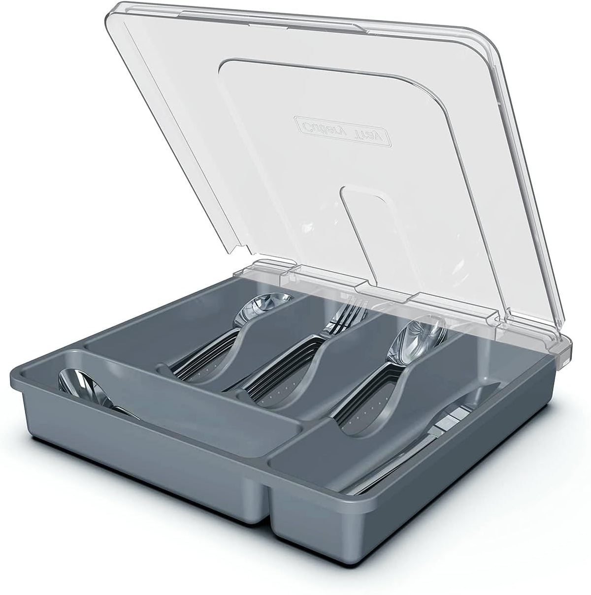 QINOL silverware organizer with cover showing dust-proof lid for clean utensils