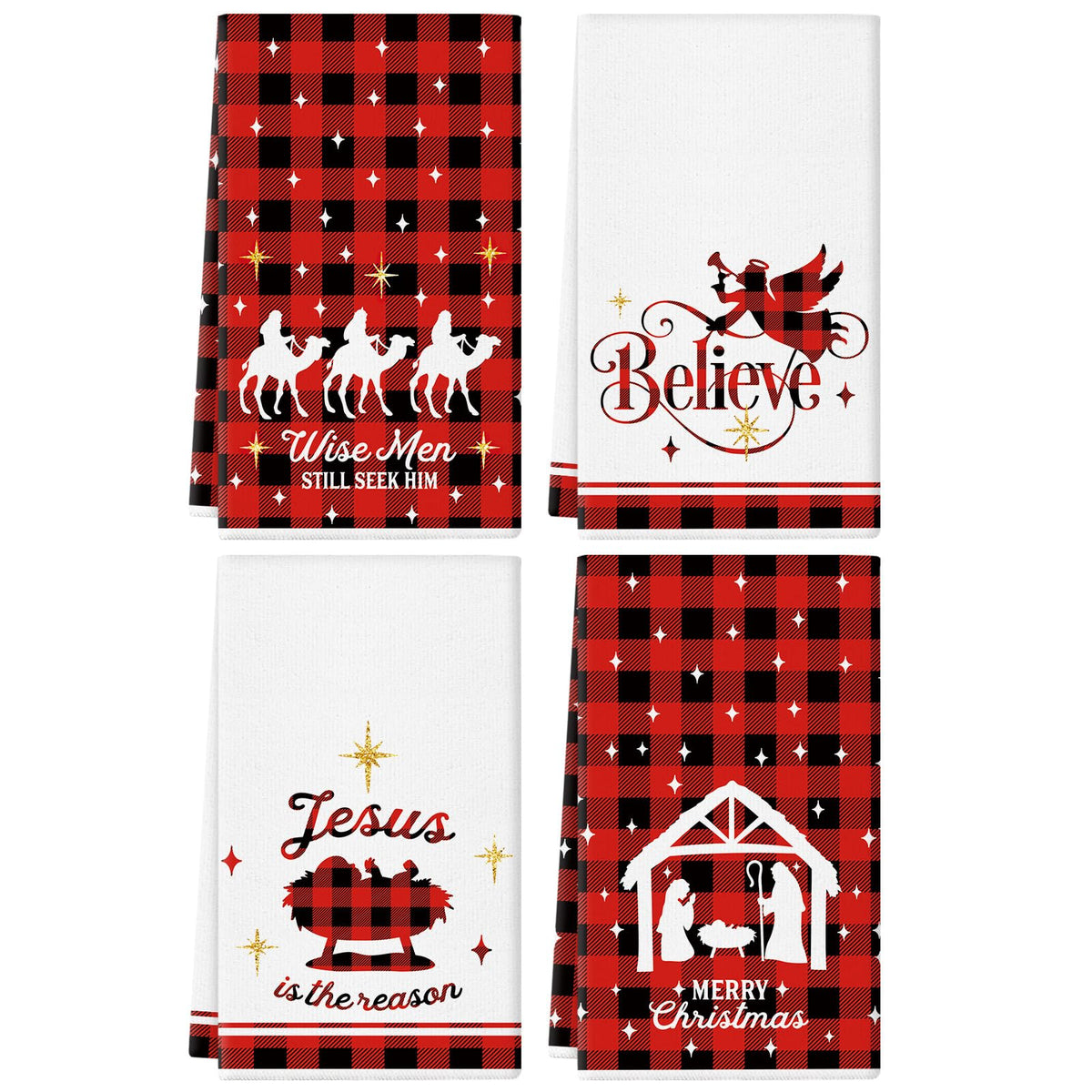 QIONG MENG Jesus nativity kitchen towel with buffalo plaid for festive cleanup.