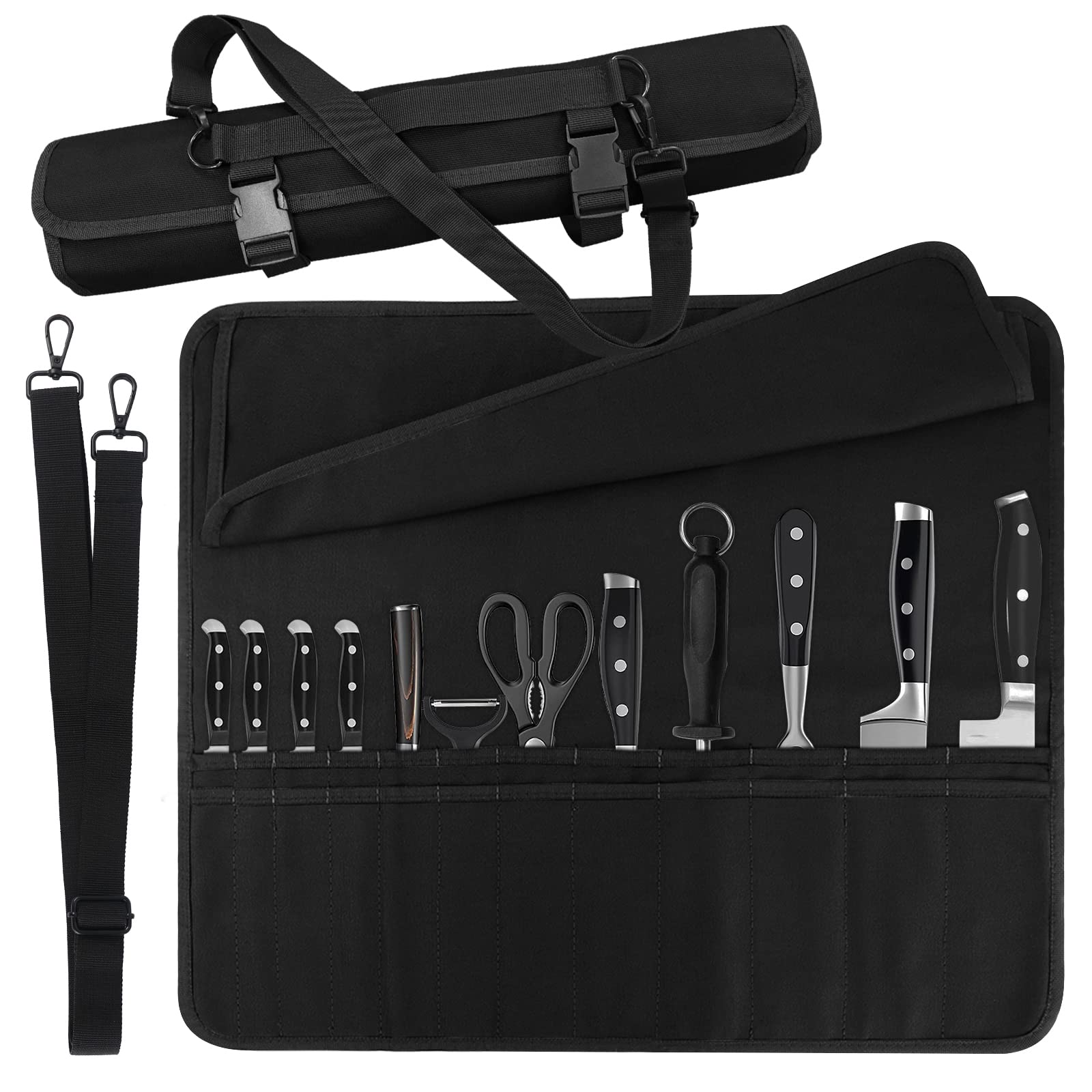 QIQU chef knife bag with 24-pocket layout secures blades on the go.