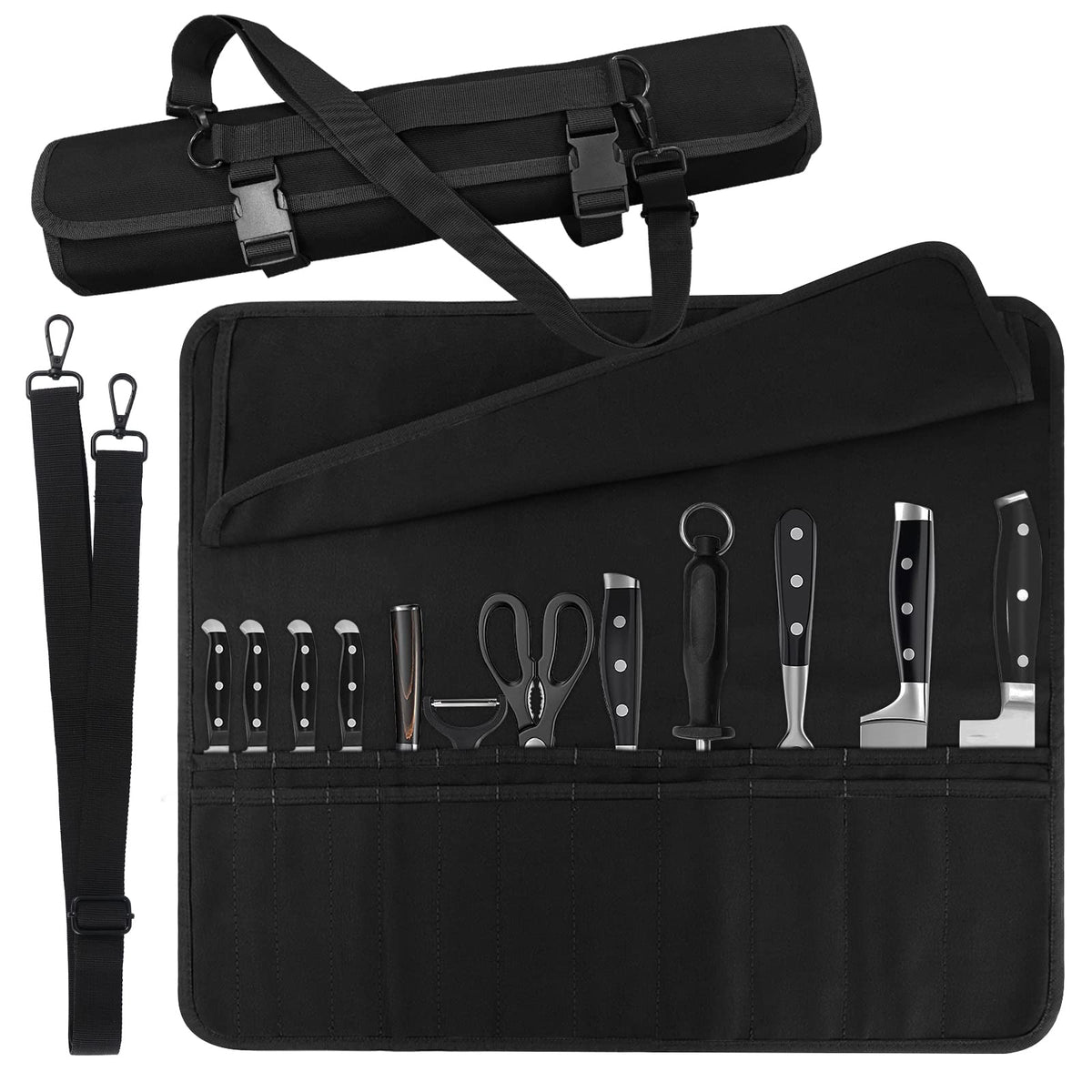 QIQU chef knife bag with 24-pocket layout secures blades on the go.