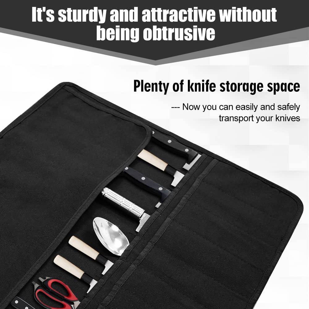QIQU organized knife roll keeps forks, spoons, and tools neatly.