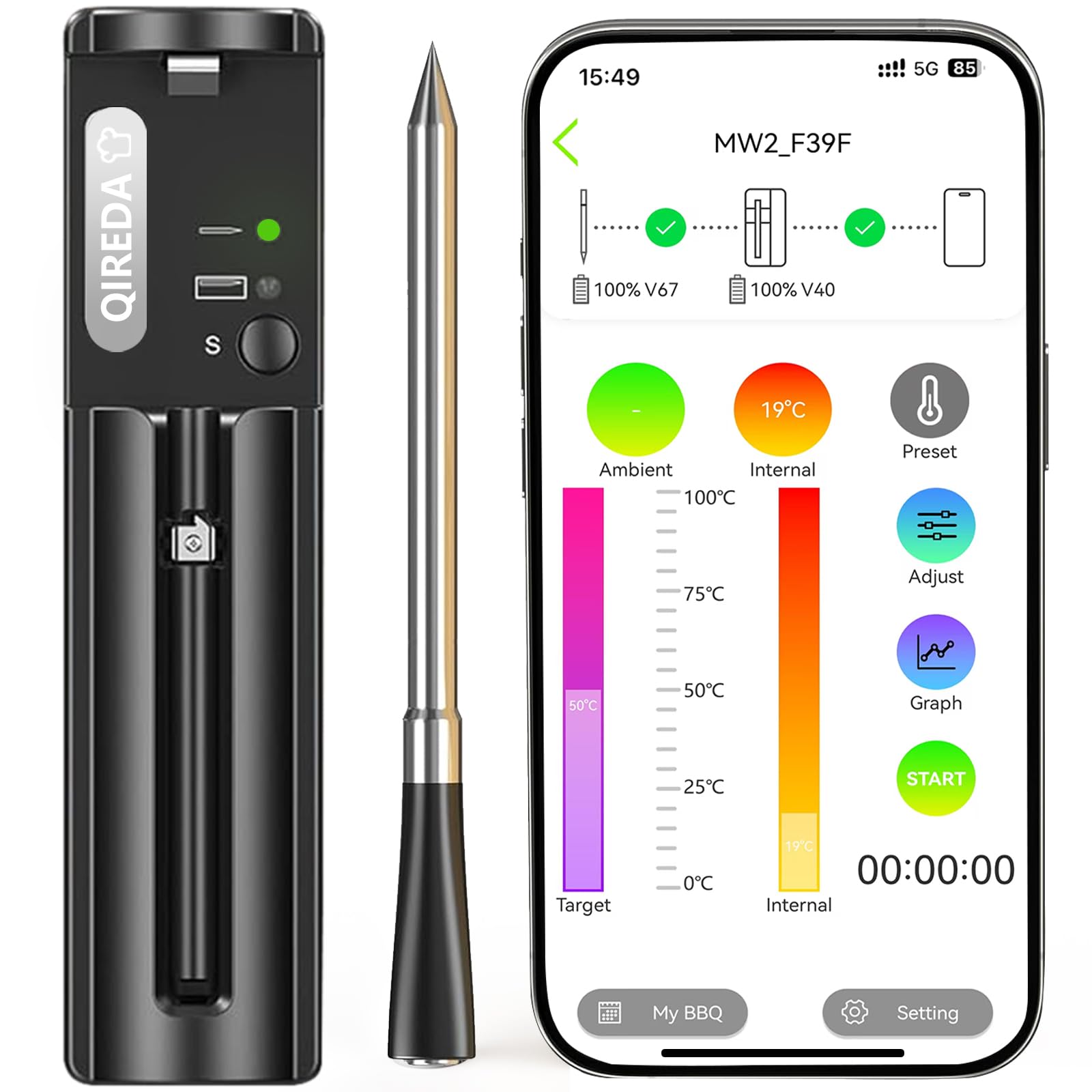QIREDA wireless meat thermometer base unit with display for easy monitoring during cooking