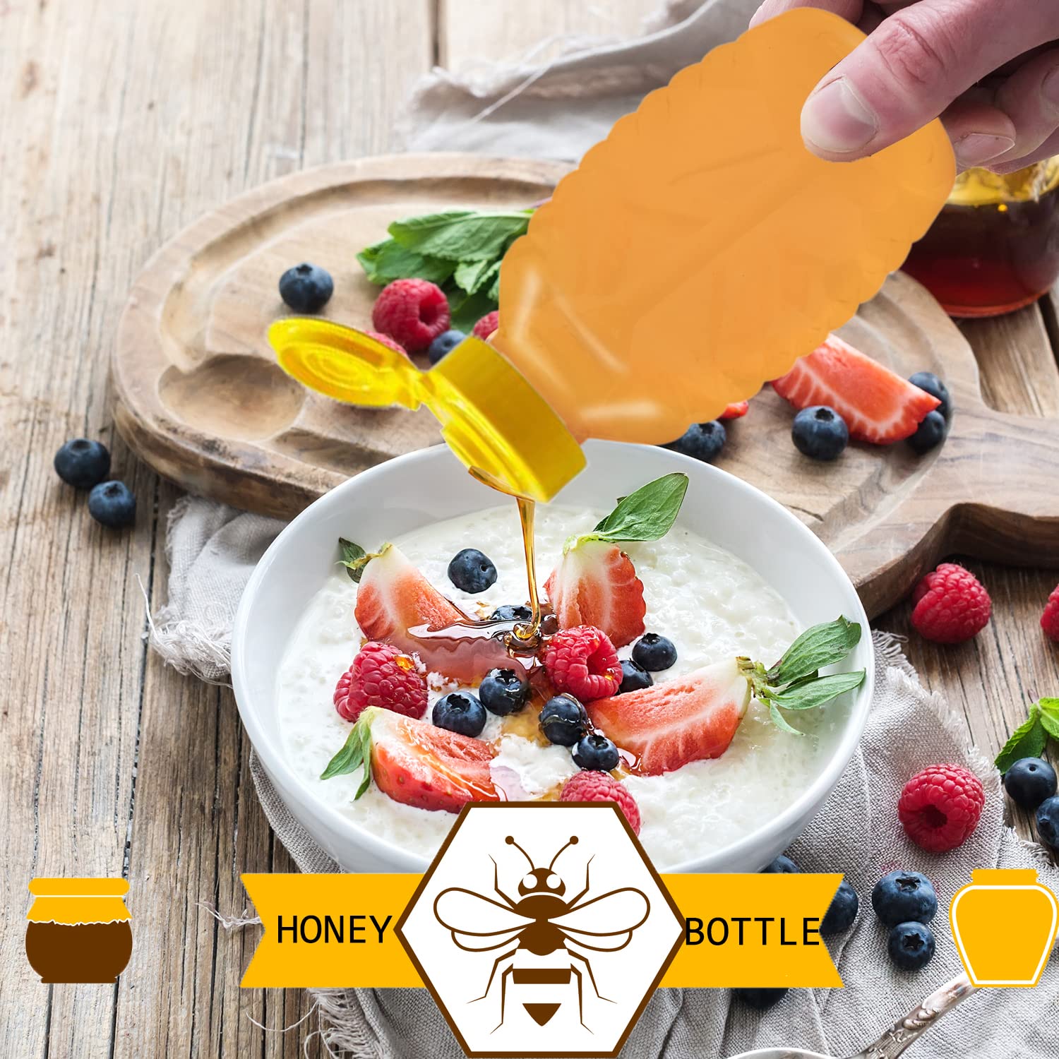 Qiuttnqn bottle dispensing honey over desserts