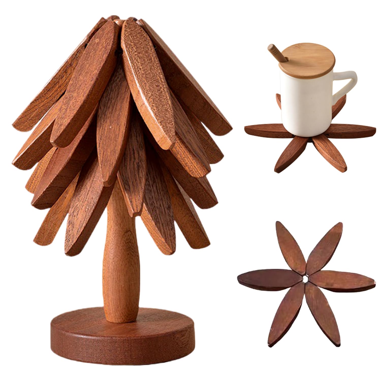 QIYLQE natural foldable black walnut trivet set on a counter protects surfaces and adds elegance.