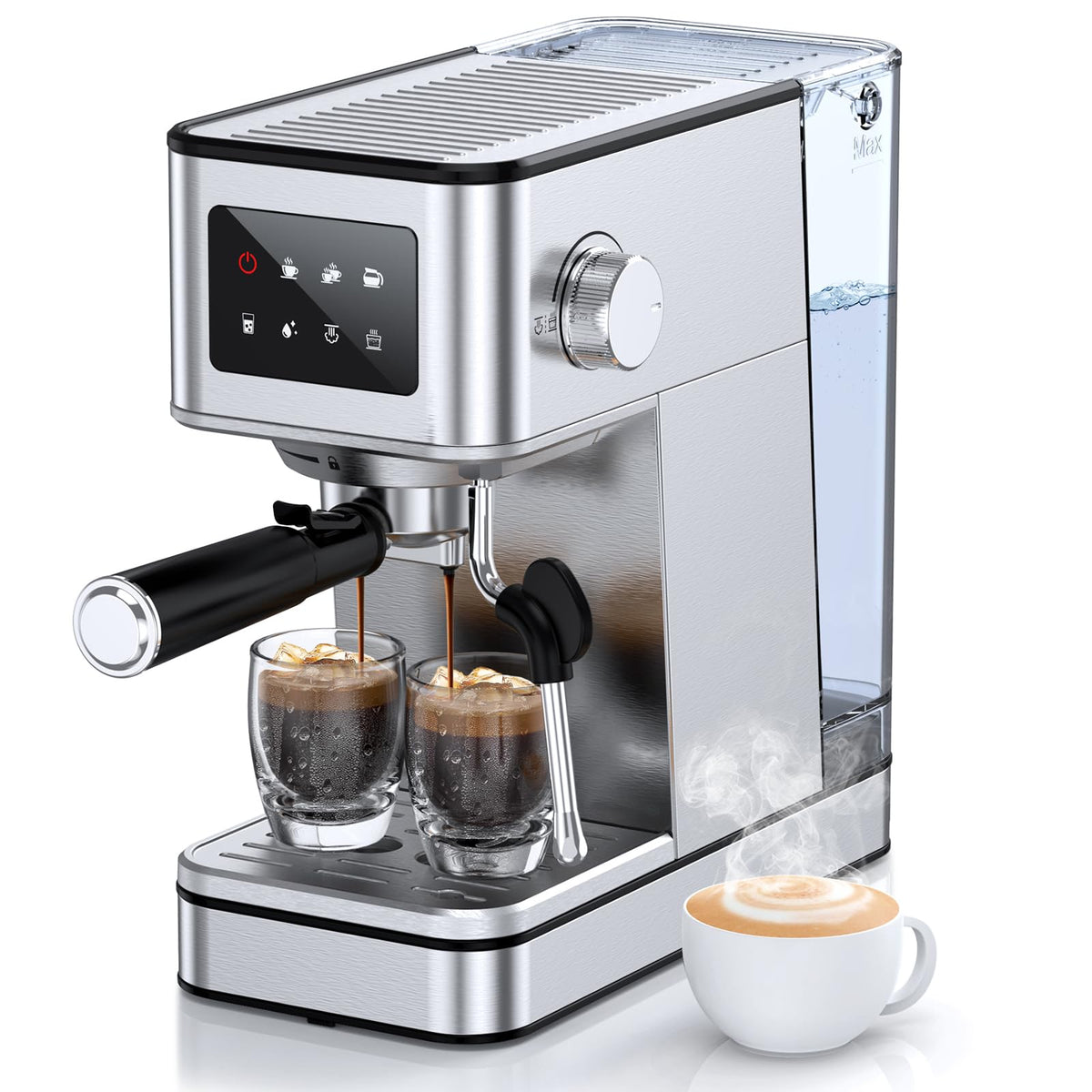 QJA espresso machine with milk frother front view for café-style drinks at home