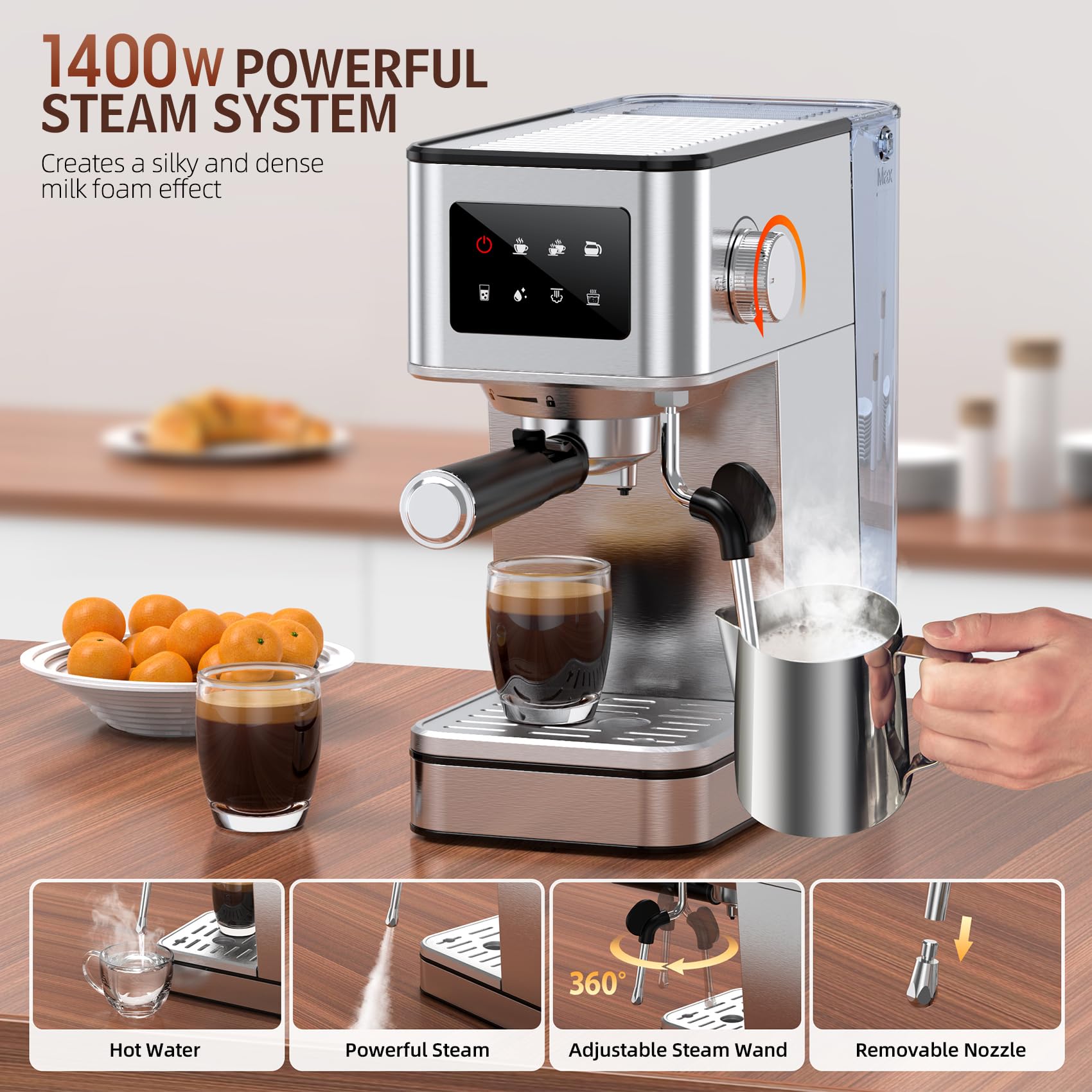 QJA espresso machine side view highlighting compact counter footprint