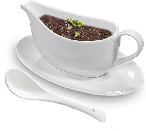 Qlans gravy boat with ladle and saucer for elegant, mess-free serving