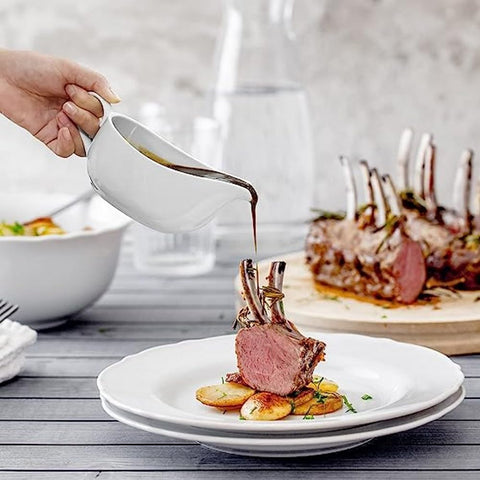 Qlans gravy boat with tray keeps sauces organized on table