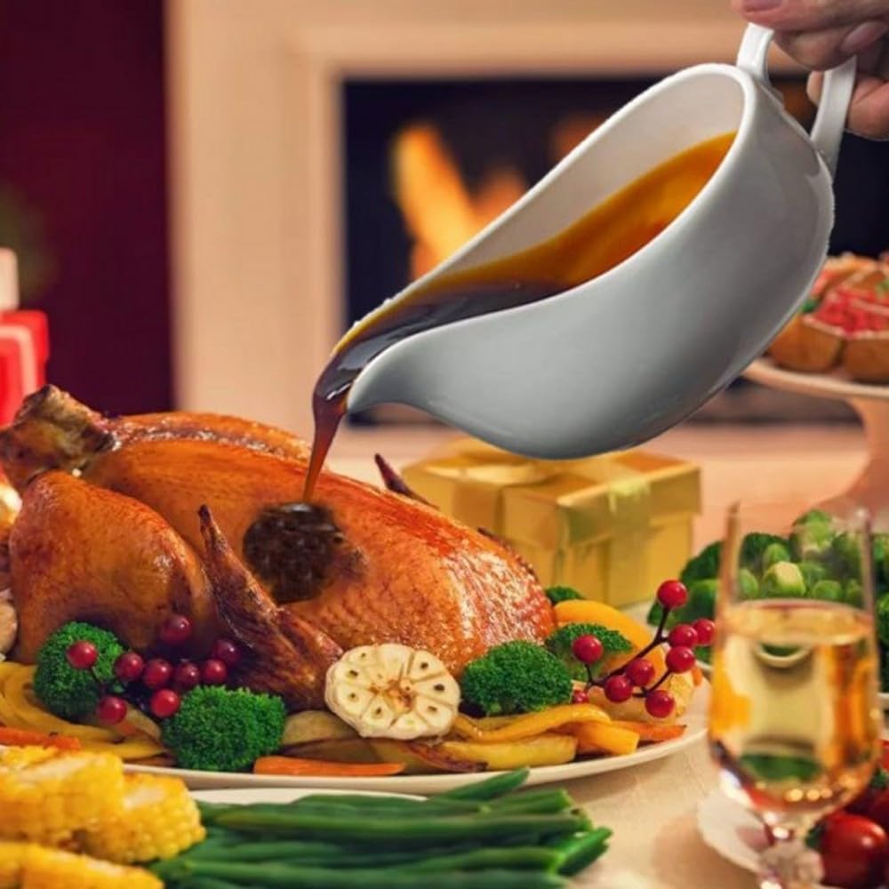 Qlans serving dressings and broths with a ceramic gravy boat