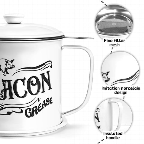 QMET 1.3L bacon grease container ready for storage and reuse