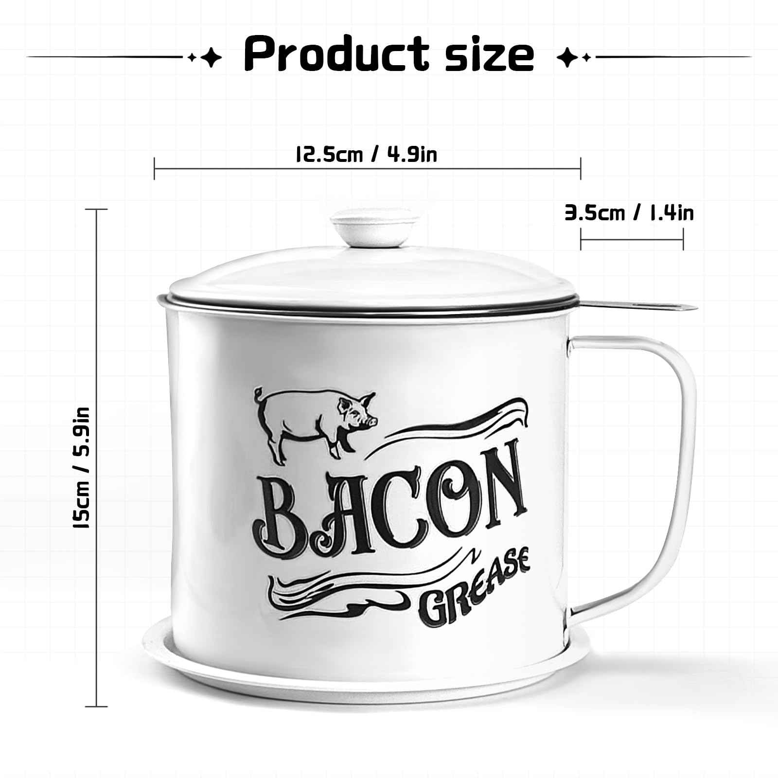 QMET bacon grease container with curved handle for easy lifting