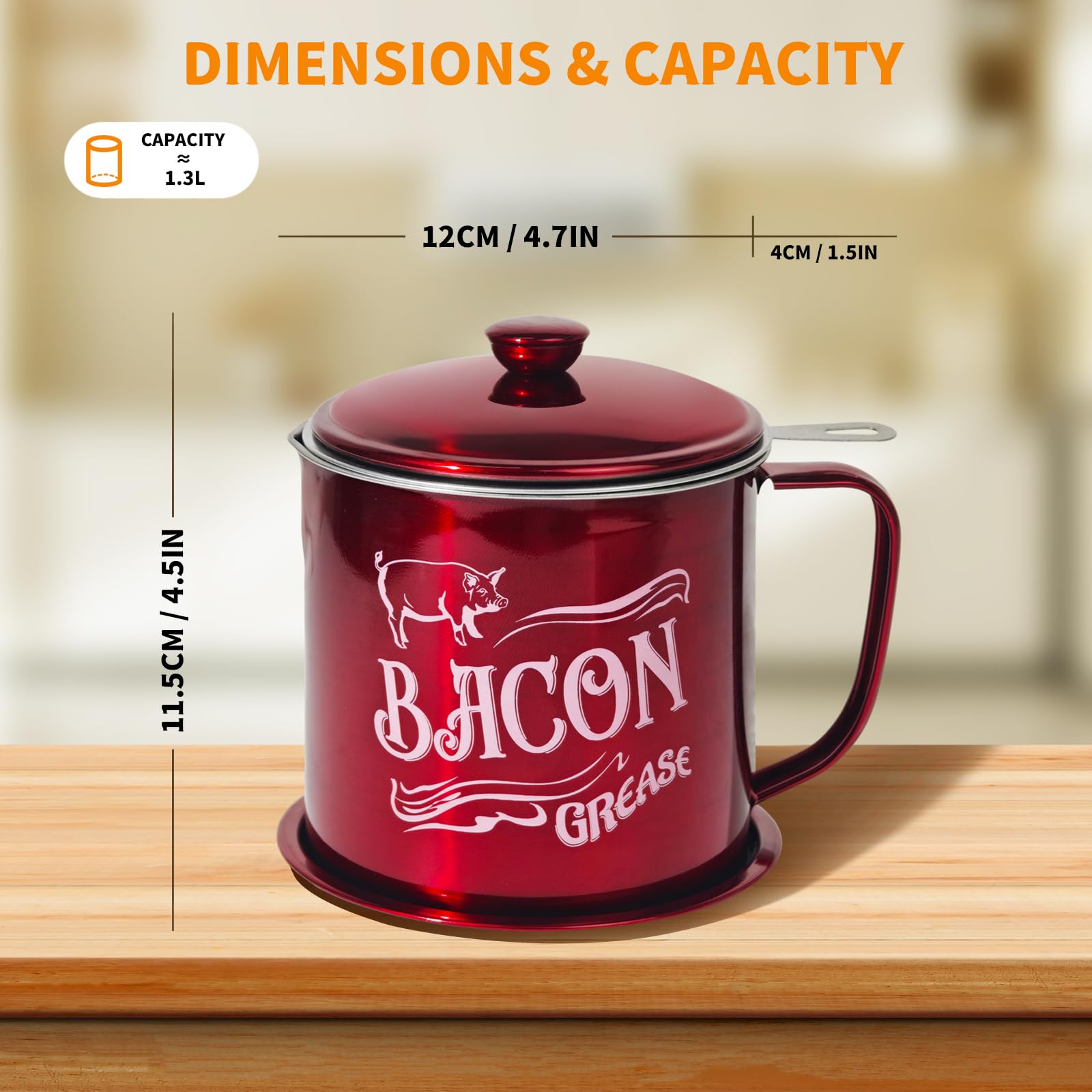QMET bacon grease saver with fine mesh strainer filters fat particles for cleaner grease.