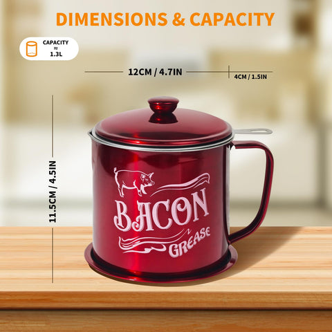 QMET bacon grease saver with fine mesh strainer filters fat particles for cleaner grease.