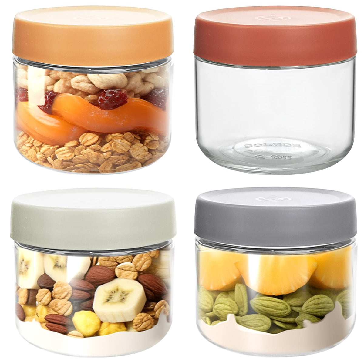 QMET four-pack glass jar for overnight oats with wide mouths and clear contents