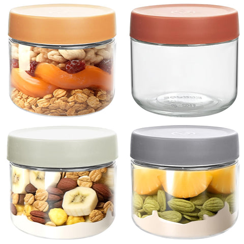 QMET four-pack glass jar for overnight oats with wide mouths and clear contents