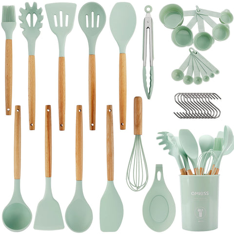 QMVESS silicone utensils set in light green for non-stick cookware.