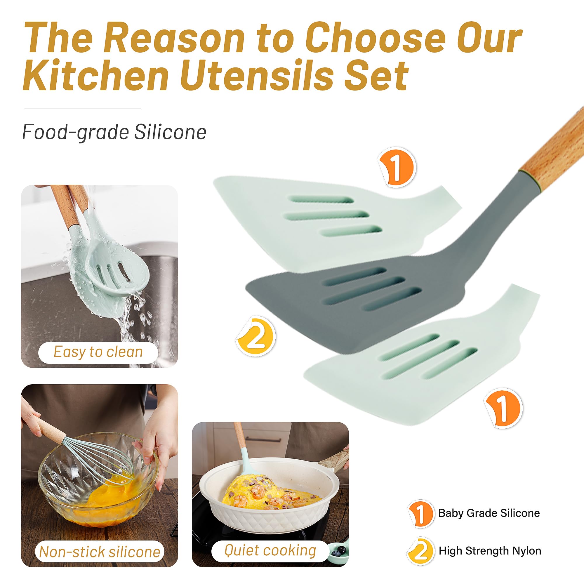 QMVESS wooden-handle utensils showing anti-scratch silicone design for pans.