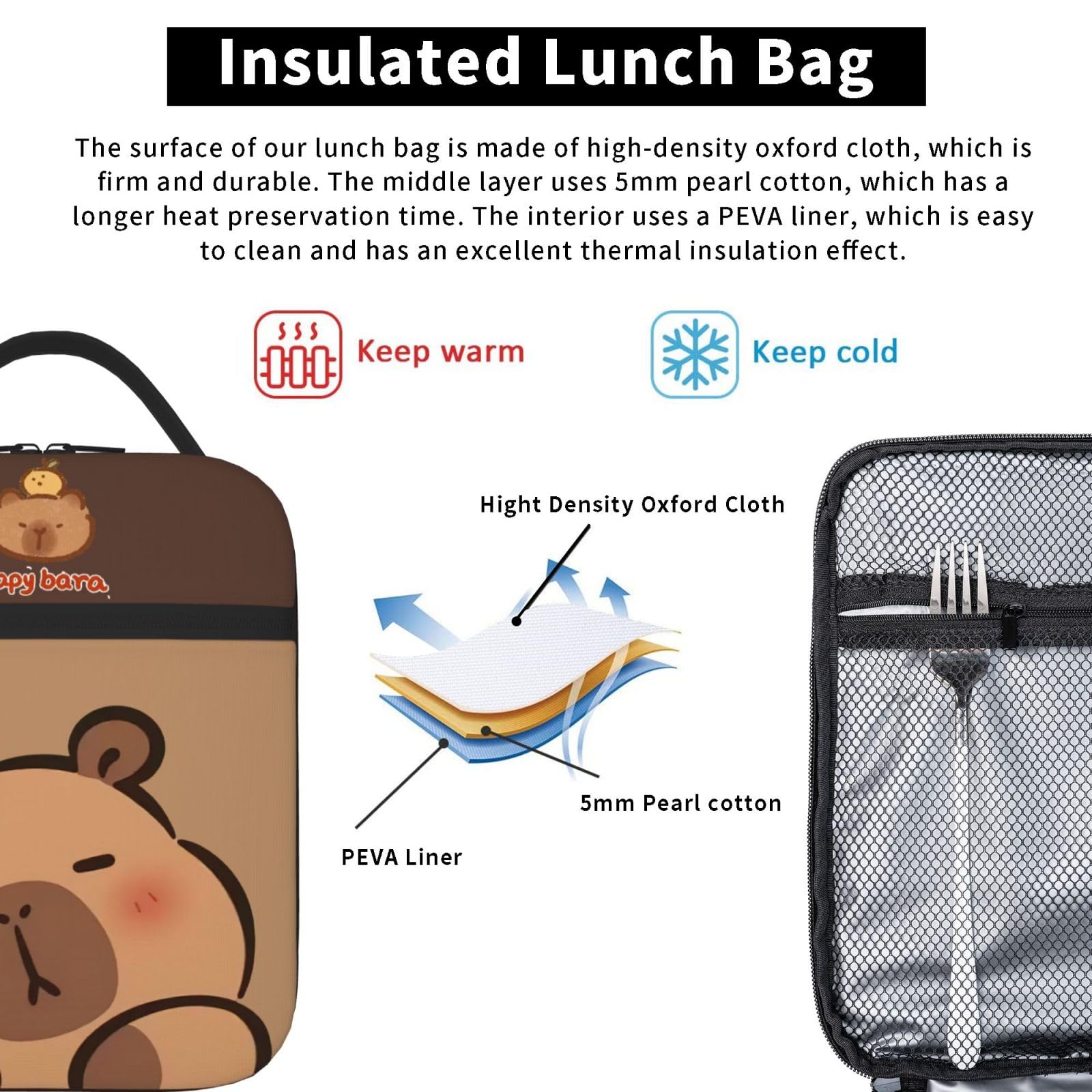 Qodwnep capybara lunch bag versatile for office, beach, travel
