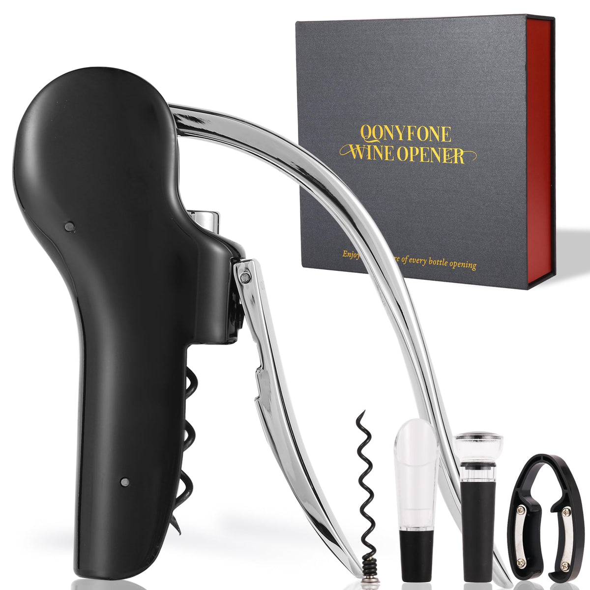 QONYFONE vertical lever corkscrew in action for smooth cork removal