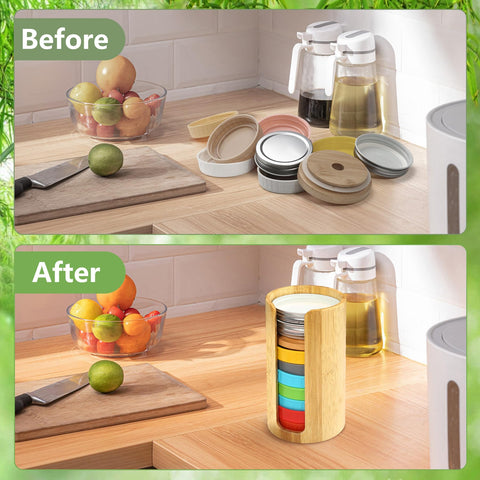 QOOMABA stackable lid organizers demonstrate space-saving storage in a compact setup.