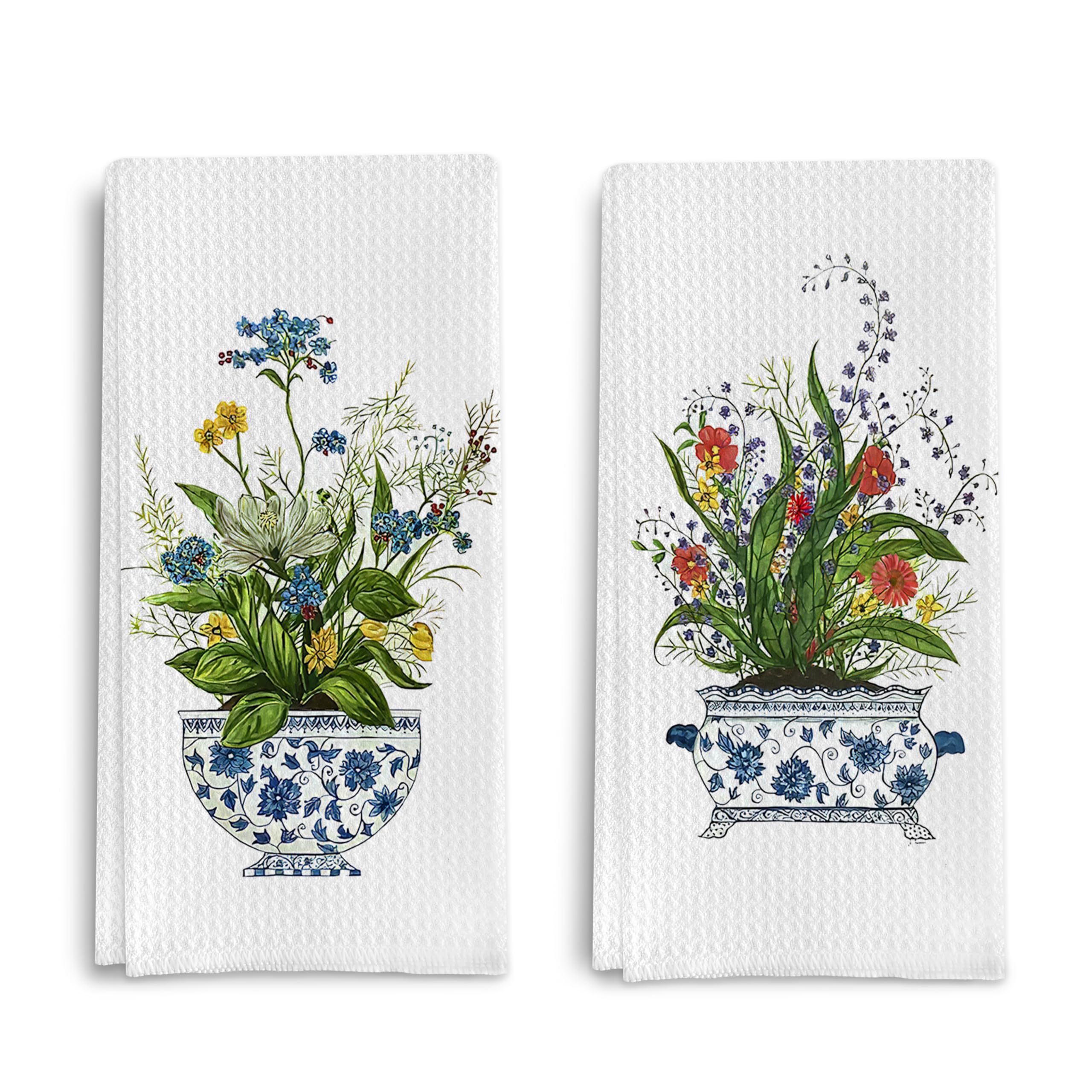 Qpenm chinoiserie floral kitchen towels set, stylish drying companion for home cooks.