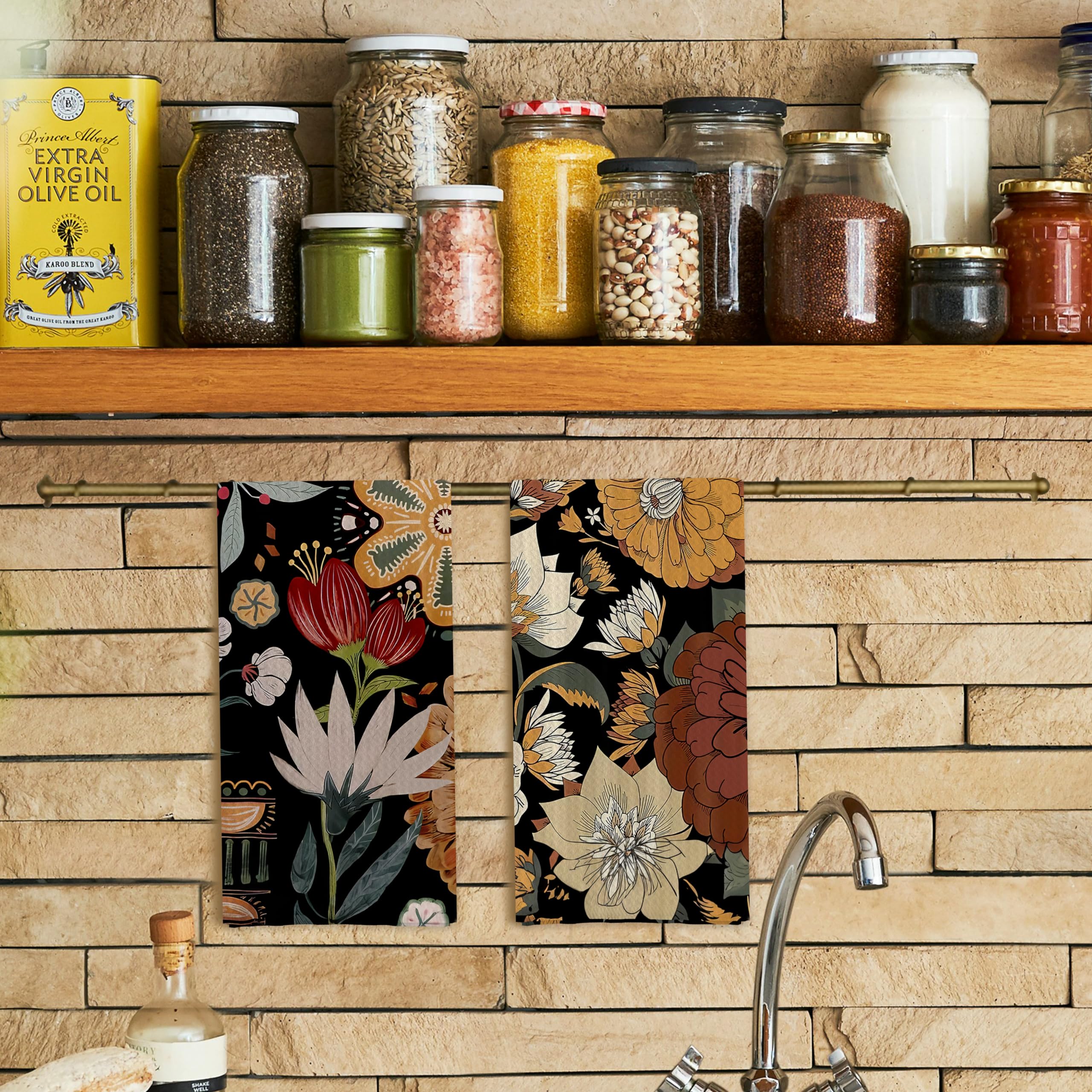 Qpenm abstract floral towel shown drying dishes in a busy kitchen.