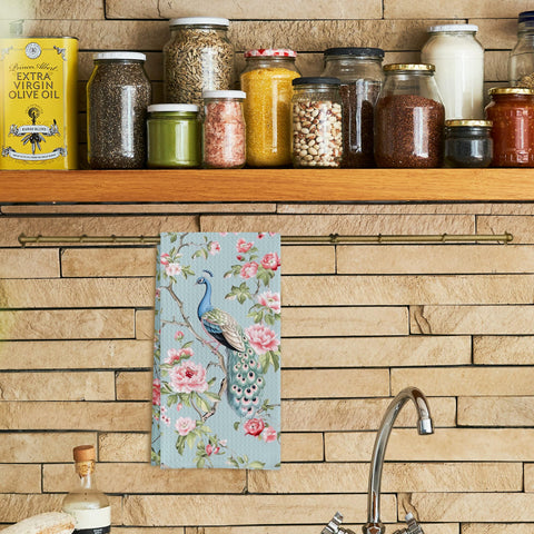 Qpenm blue decorative towel featuring honeycomb texture for fast drying.