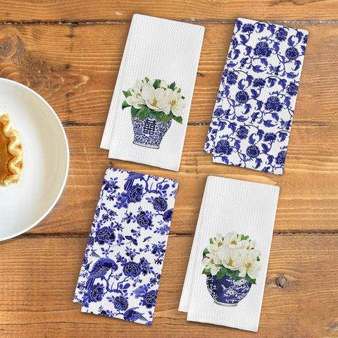 Qpenm blue and white chinoiserie towels folded display adds charm to your kitchen and bath spaces.