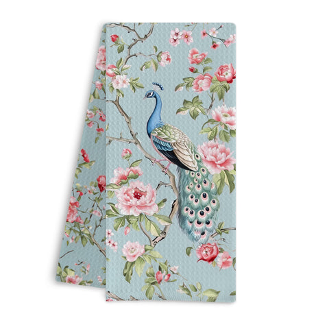 Qpenm chinoiserie floral peacock towel with durable waffle weave for daily use.